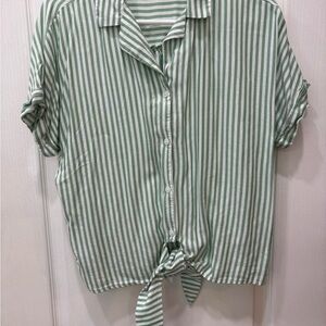 beachlunchlounge Green and White Striped Button Down Shirt